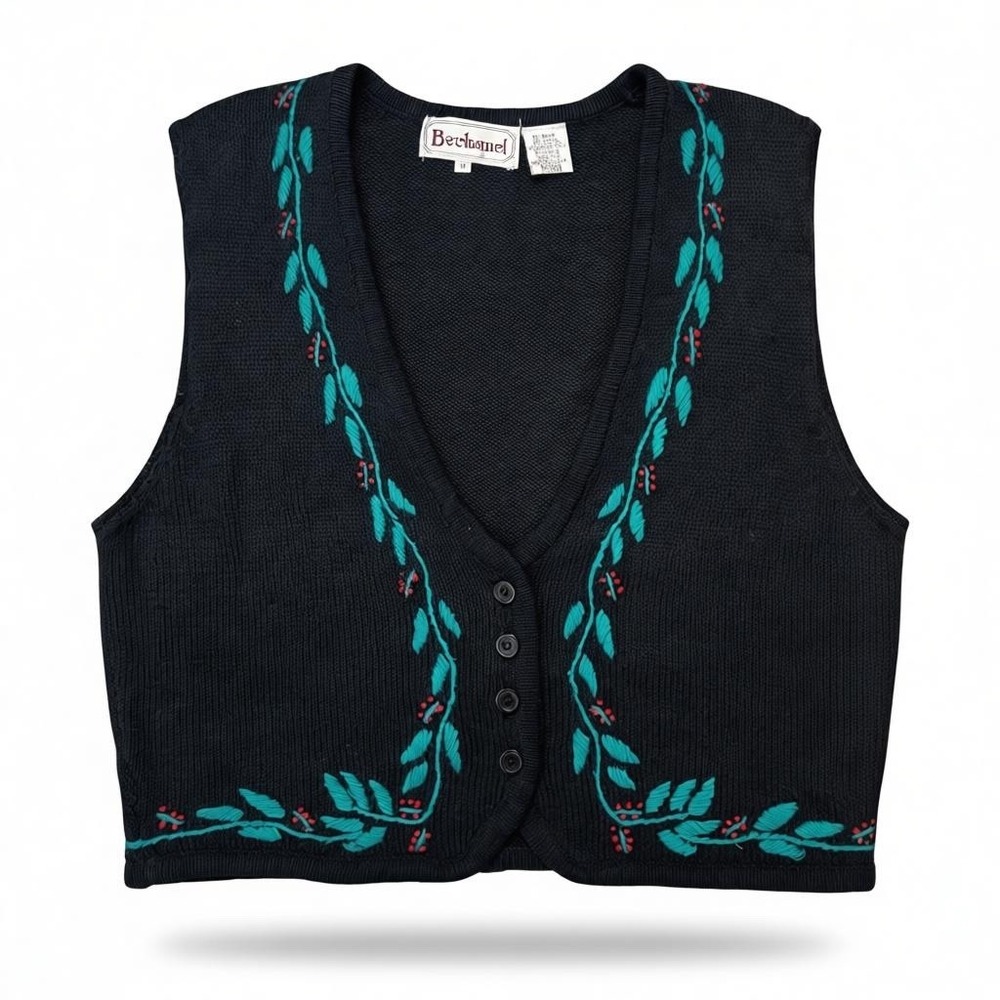 VTG Bechamel Ugly Christmas Sweater Womens‎ Medium Vest Holly Poinsettia
